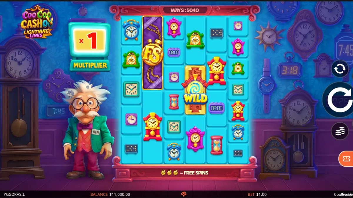 Tampilan visual slot Coo Coo Cashoo dengan karakter penemu dan grid jam